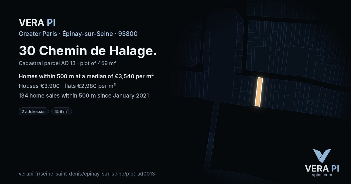 30 Chemin de Halage, Épinay-sur-Seine at night – the plot lit, the parcels around coloured by the prices near them
