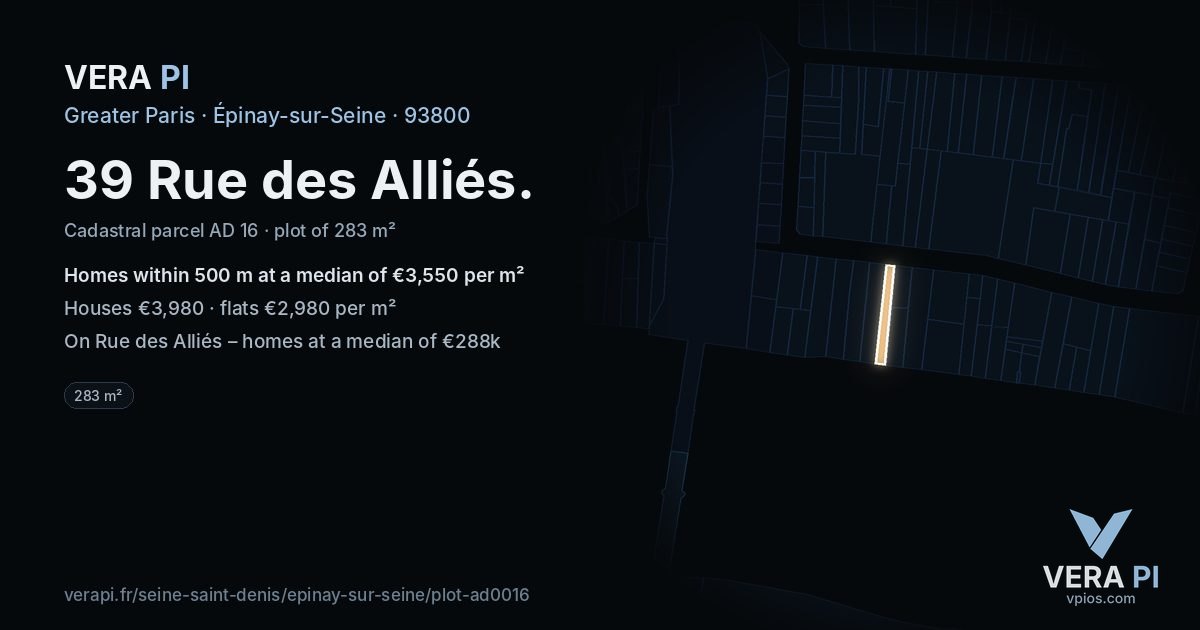 39 Rue des Alliés, Épinay-sur-Seine at night – the plot lit, the parcels around coloured by the prices near them
