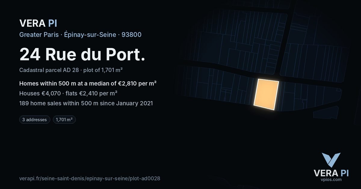 24 Rue du Port, Épinay-sur-Seine at night – the plot lit, the parcels around coloured by the prices near them