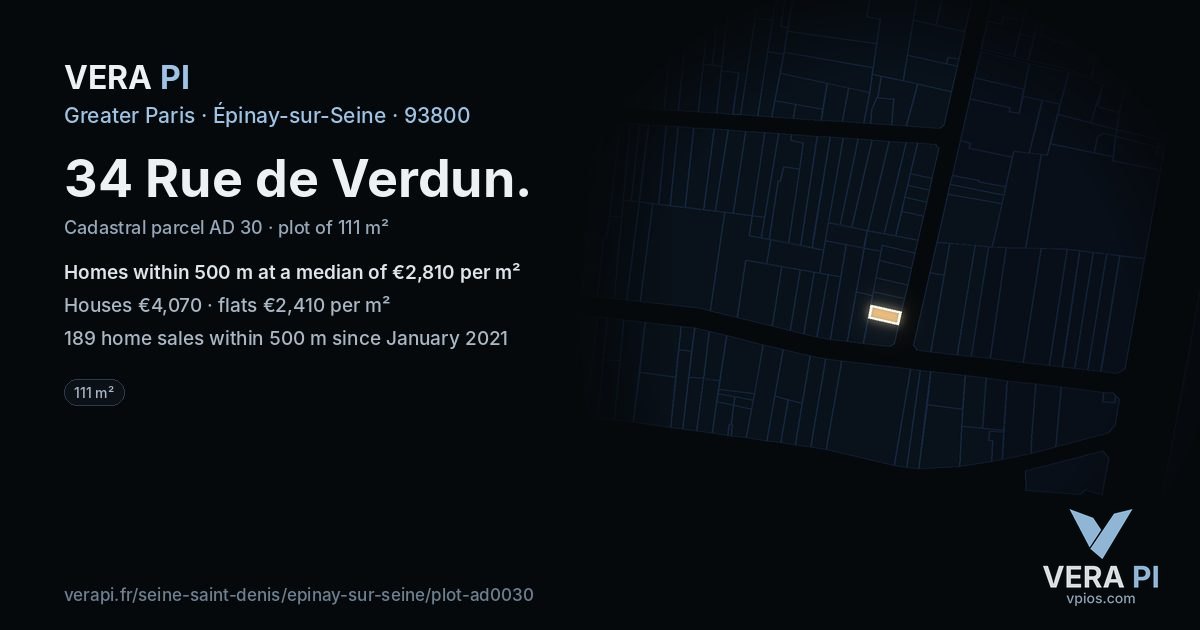 34 Rue de Verdun, Épinay-sur-Seine at night – the plot lit, the parcels around coloured by the prices near them
