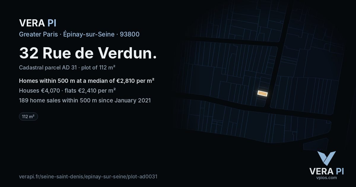 32 Rue de Verdun, Épinay-sur-Seine at night – the plot lit, the parcels around coloured by the prices near them