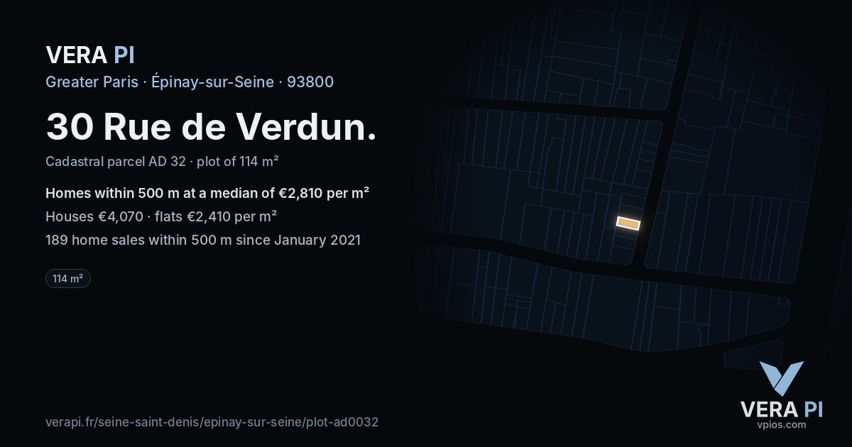 30 Rue de Verdun, Épinay-sur-Seine at night – the plot lit, the parcels around coloured by the prices near them