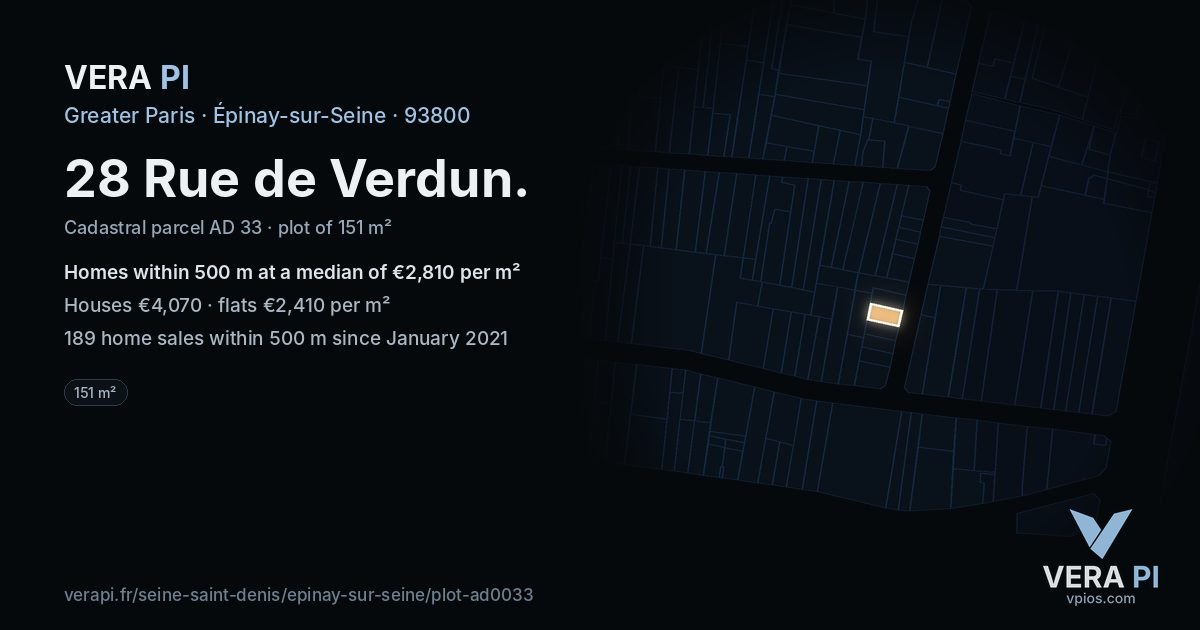28 Rue de Verdun, Épinay-sur-Seine at night – the plot lit, the parcels around coloured by the prices near them