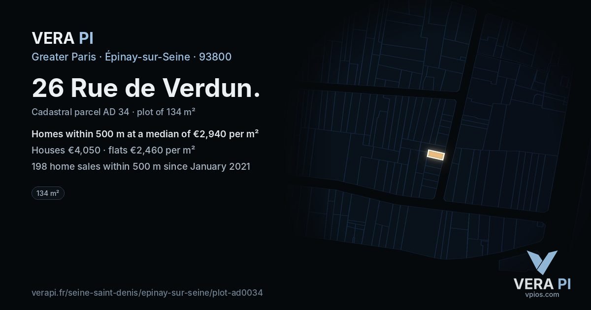 26 Rue de Verdun, Épinay-sur-Seine at night – the plot lit, the parcels around coloured by the prices near them