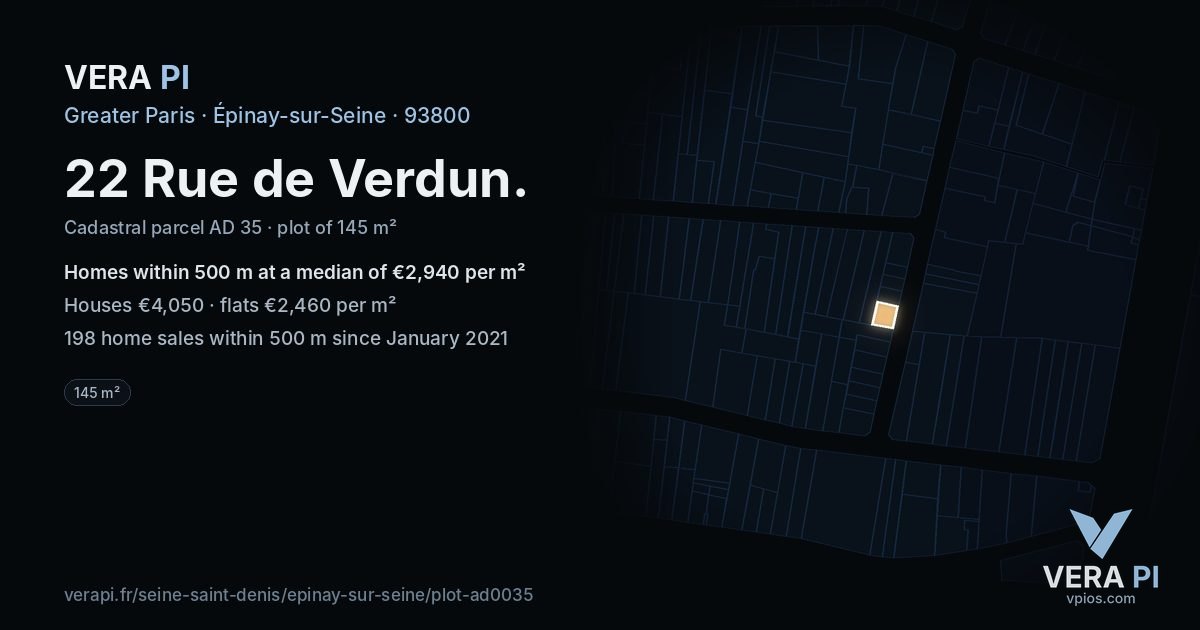 22 Rue de Verdun, Épinay-sur-Seine at night – the plot lit, the parcels around coloured by the prices near them