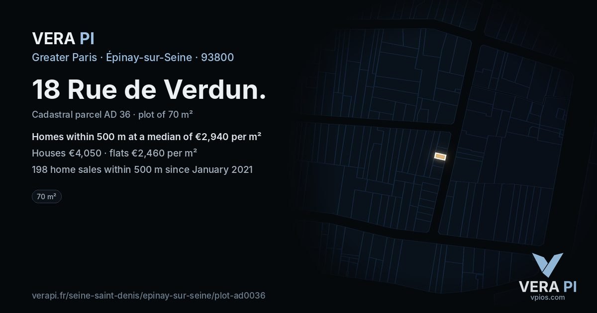 18 Rue de Verdun, Épinay-sur-Seine at night – the plot lit, the parcels around coloured by the prices near them