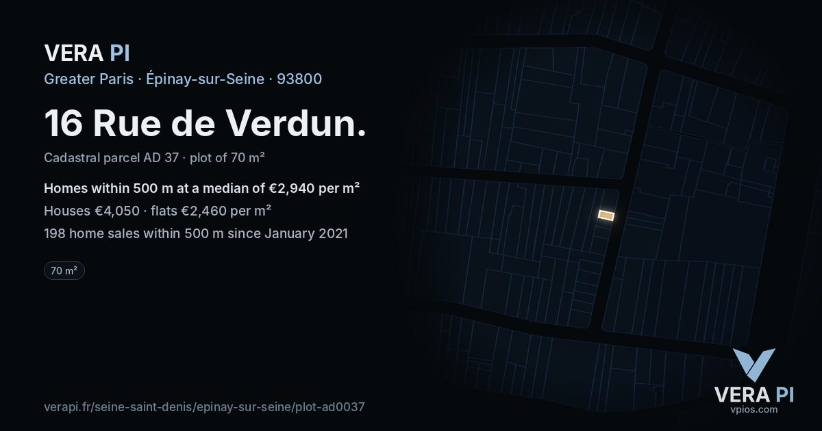 16 Rue de Verdun, Épinay-sur-Seine at night – the plot lit, the parcels around coloured by the prices near them