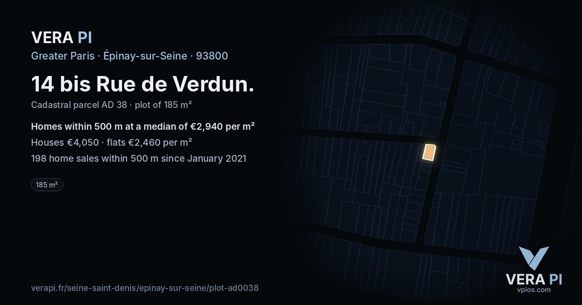 14 bis Rue de Verdun, Épinay-sur-Seine at night – the plot lit, the parcels around coloured by the prices near them
