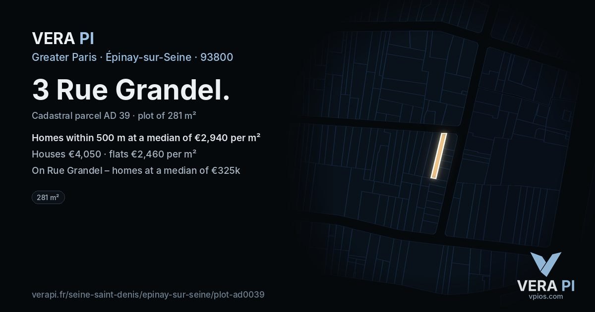 3 Rue Grandel, Épinay-sur-Seine at night – the plot lit, the parcels around coloured by the prices near them