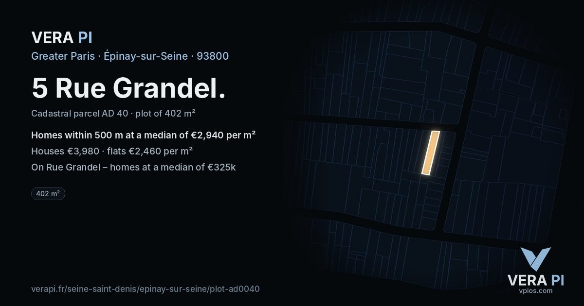 5 Rue Grandel, Épinay-sur-Seine at night – the plot lit, the parcels around coloured by the prices near them