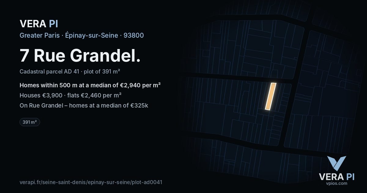 7 Rue Grandel, Épinay-sur-Seine at night – the plot lit, the parcels around coloured by the prices near them
