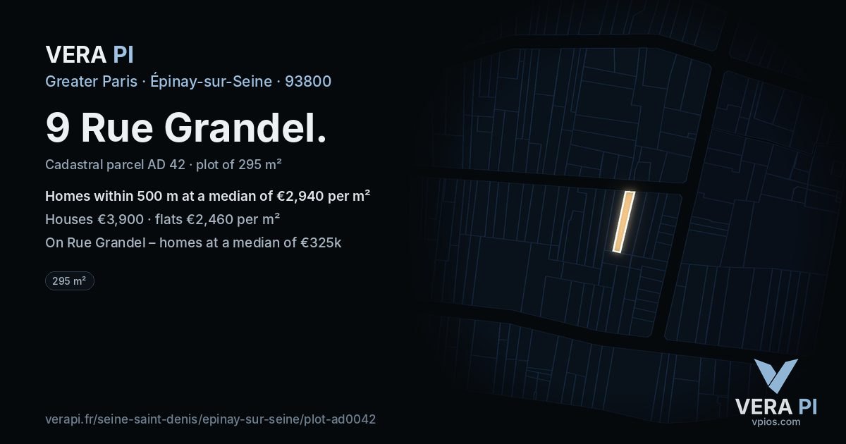 9 Rue Grandel, Épinay-sur-Seine at night – the plot lit, the parcels around coloured by the prices near them