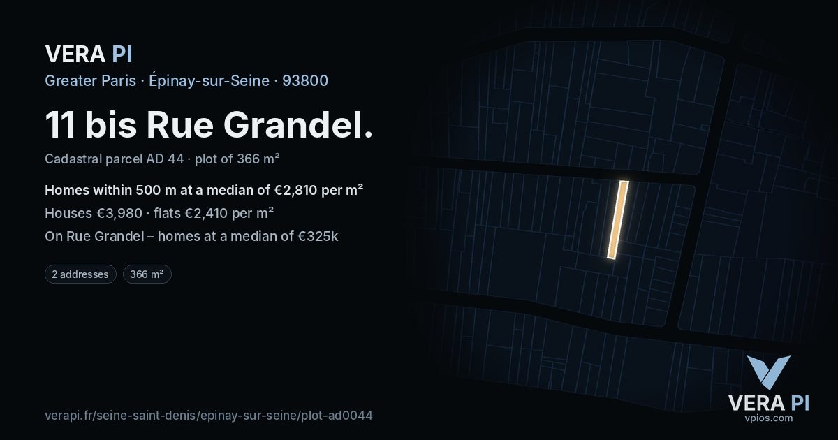 11 bis Rue Grandel, Épinay-sur-Seine at night – the plot lit, the parcels around coloured by the prices near them