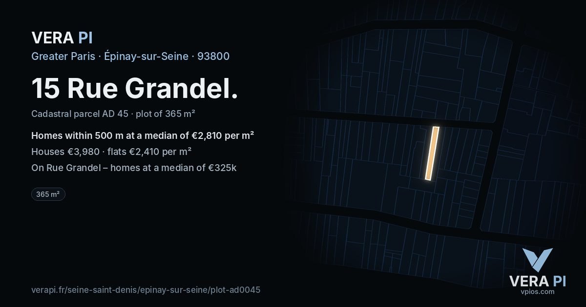 15 Rue Grandel, Épinay-sur-Seine at night – the plot lit, the parcels around coloured by the prices near them