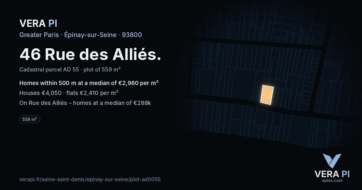 46 Rue des Alliés, Épinay-sur-Seine at night – the plot lit, the parcels around coloured by the prices near them