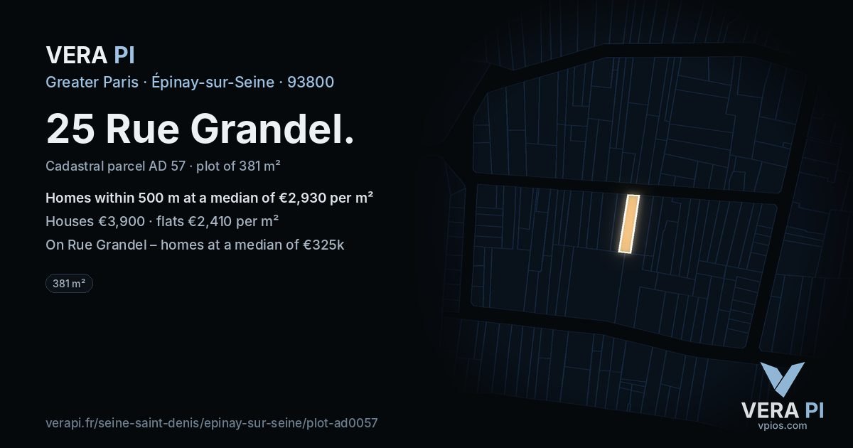 25 Rue Grandel, Épinay-sur-Seine at night – the plot lit, the parcels around coloured by the prices near them
