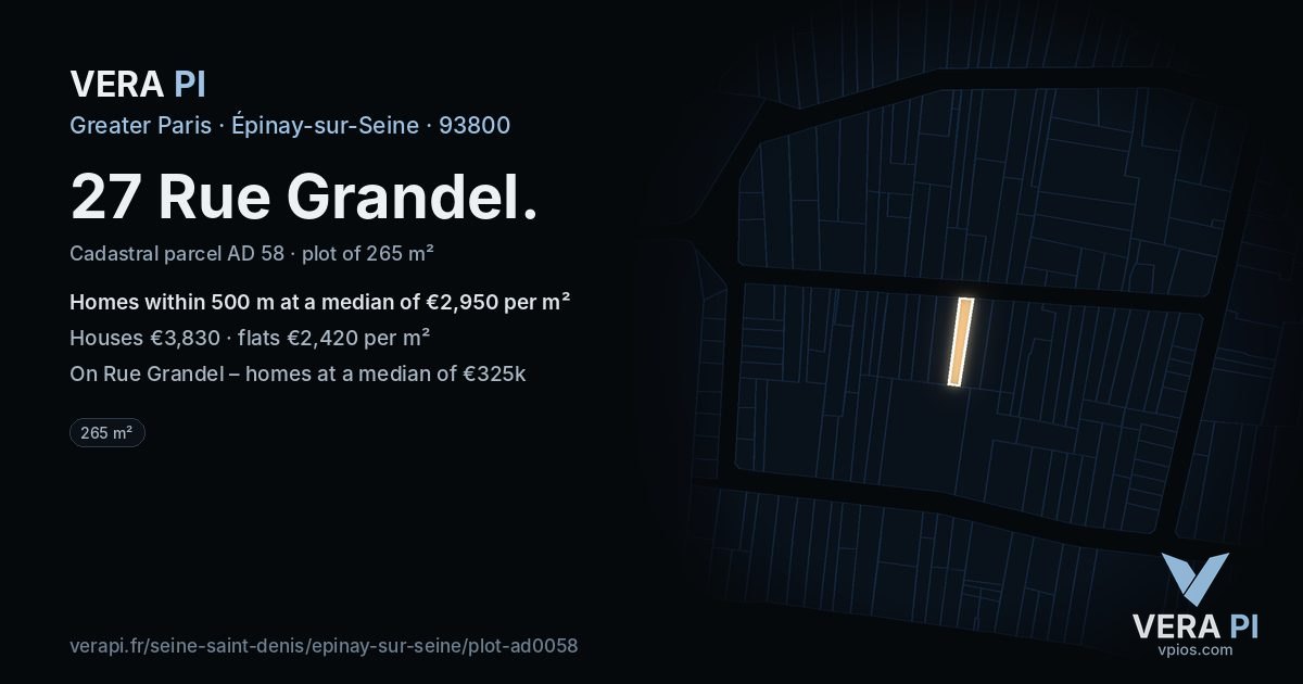 27 Rue Grandel, Épinay-sur-Seine at night – the plot lit, the parcels around coloured by the prices near them