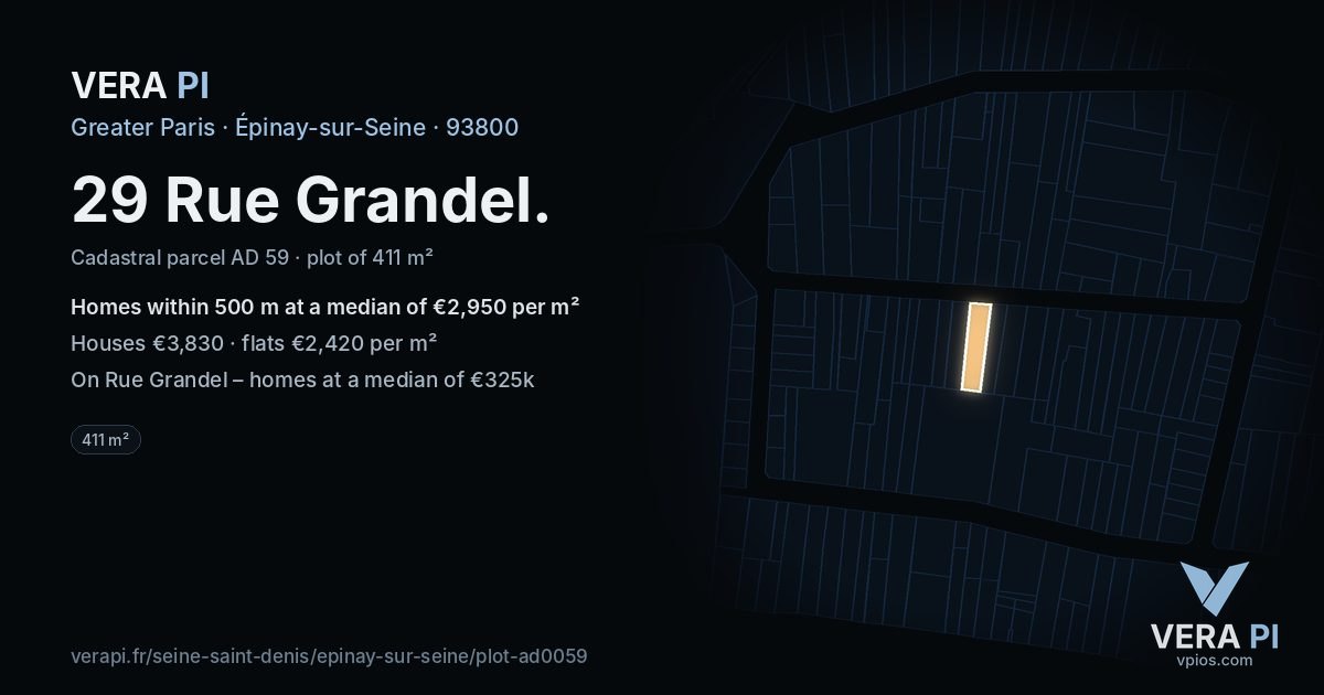 29 Rue Grandel, Épinay-sur-Seine at night – the plot lit, the parcels around coloured by the prices near them