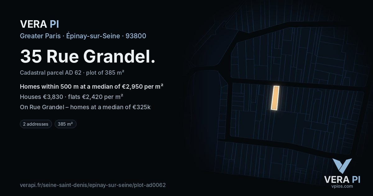 35 Rue Grandel, Épinay-sur-Seine at night – the plot lit, the parcels around coloured by the prices near them