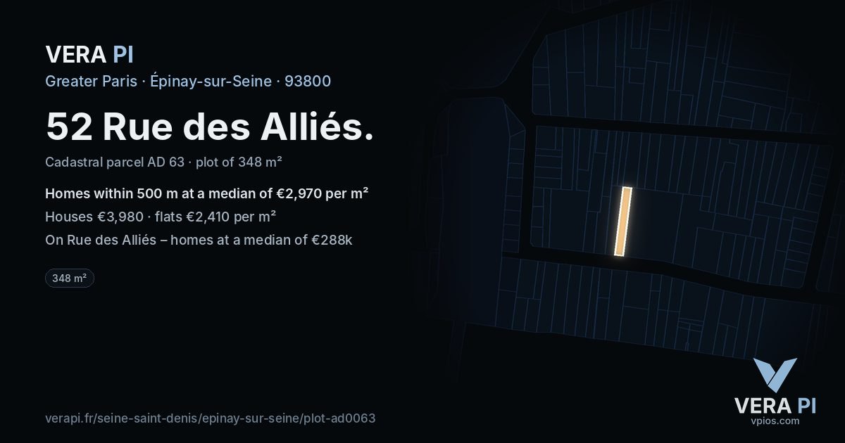 52 Rue des Alliés, Épinay-sur-Seine at night – the plot lit, the parcels around coloured by the prices near them