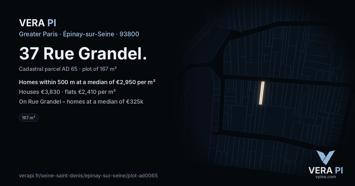 37 Rue Grandel, Épinay-sur-Seine at night – the plot lit, the parcels around coloured by the prices near them