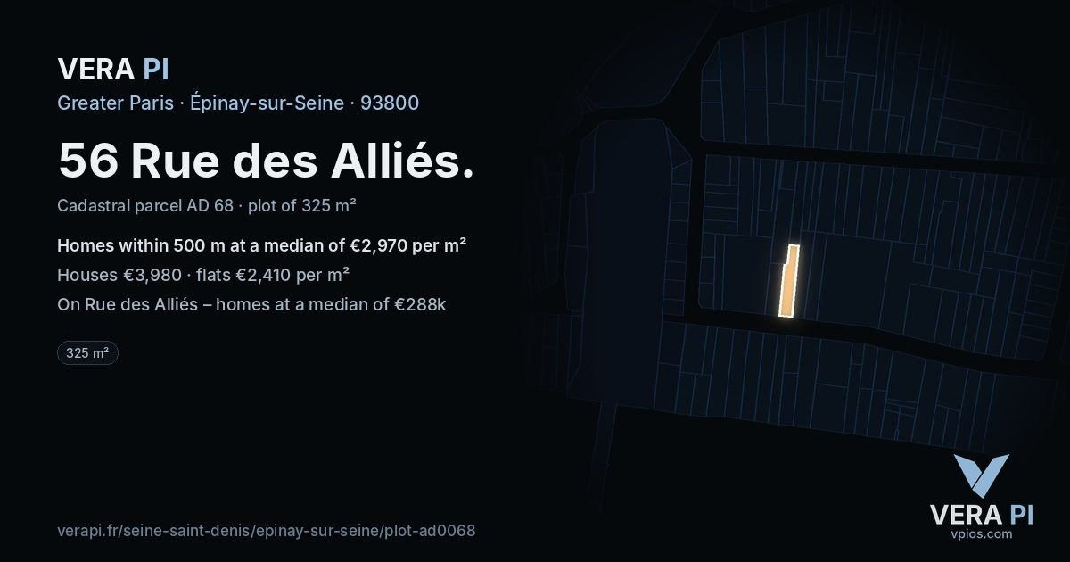 56 Rue des Alliés, Épinay-sur-Seine at night – the plot lit, the parcels around coloured by the prices near them