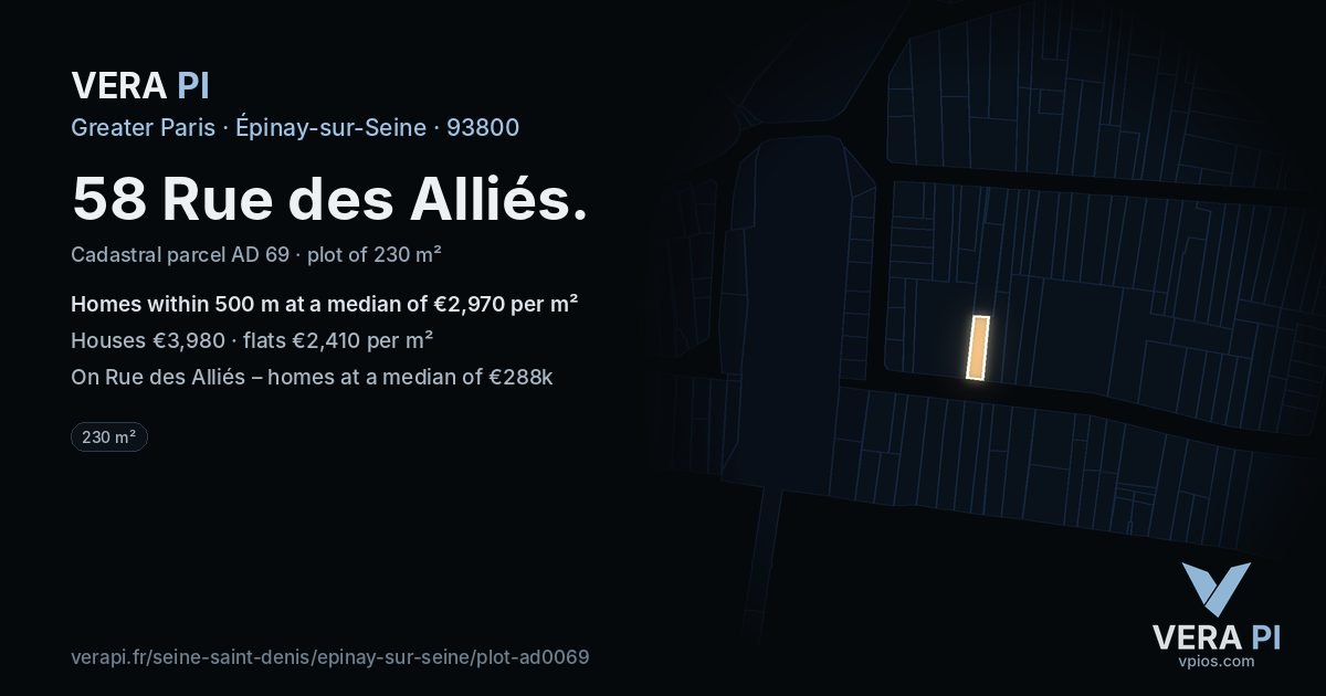 58 Rue des Alliés, Épinay-sur-Seine at night – the plot lit, the parcels around coloured by the prices near them
