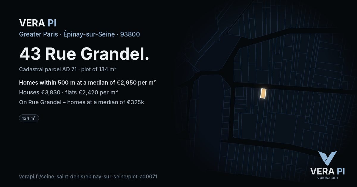 43 Rue Grandel, Épinay-sur-Seine at night – the plot lit, the parcels around coloured by the prices near them