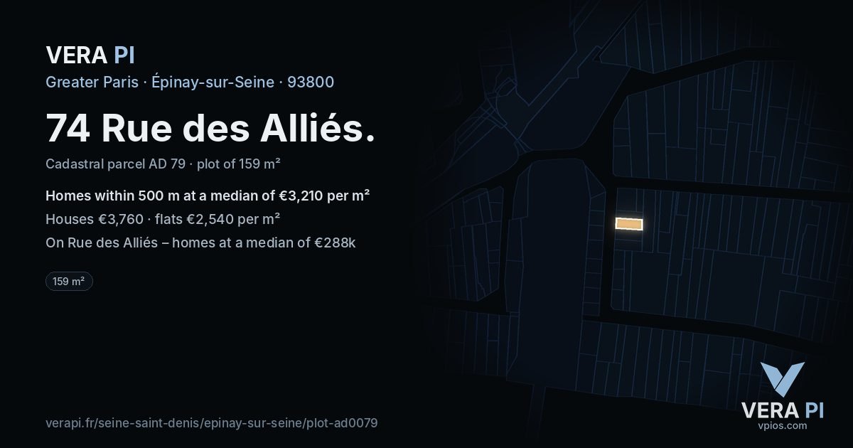 74 Rue des Alliés, Épinay-sur-Seine at night – the plot lit, the parcels around coloured by the prices near them