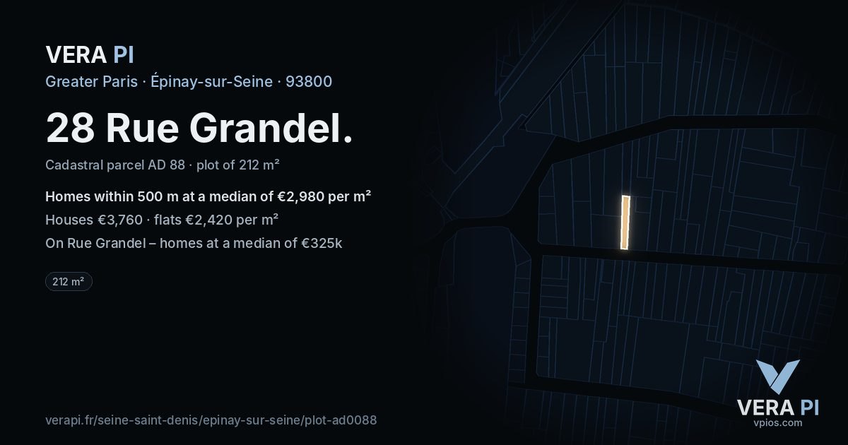 28 Rue Grandel, Épinay-sur-Seine at night – the plot lit, the parcels around coloured by the prices near them