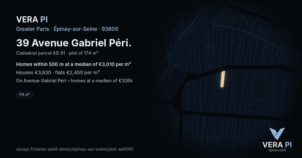 39 Avenue Gabriel Péri, Épinay-sur-Seine at night – the plot lit, the parcels around coloured by the prices near them