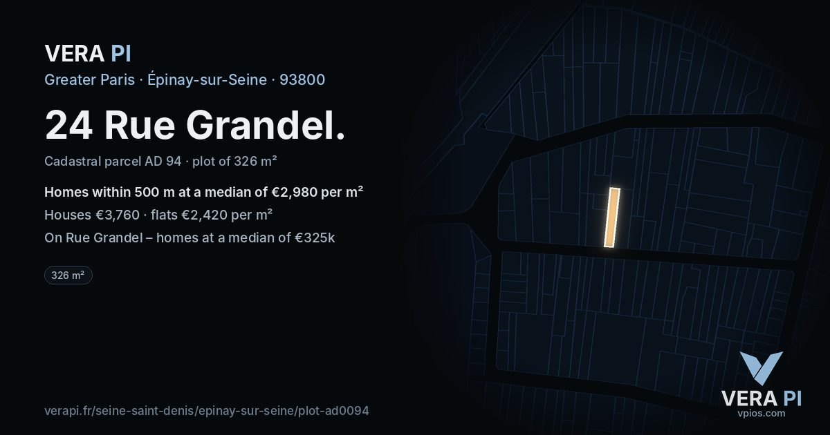 24 Rue Grandel, Épinay-sur-Seine at night – the plot lit, the parcels around coloured by the prices near them