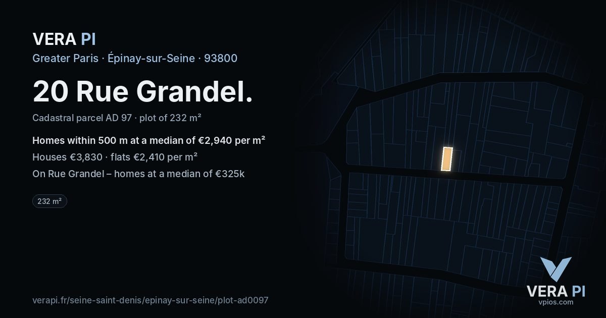 20 Rue Grandel, Épinay-sur-Seine at night – the plot lit, the parcels around coloured by the prices near them