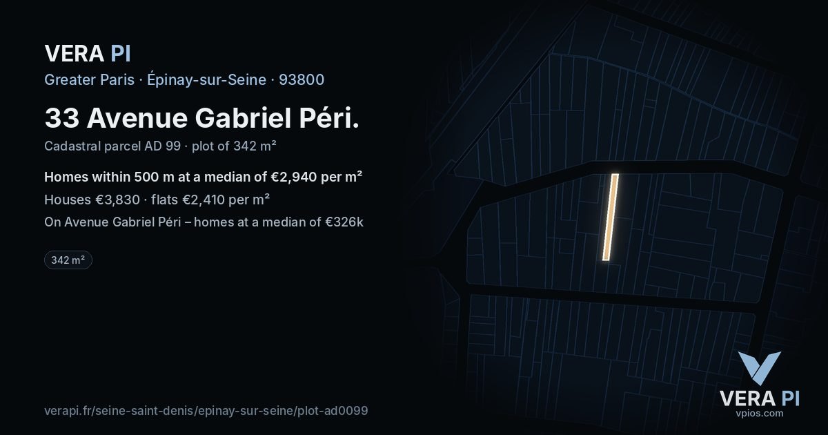 33 Avenue Gabriel Péri, Épinay-sur-Seine at night – the plot lit, the parcels around coloured by the prices near them