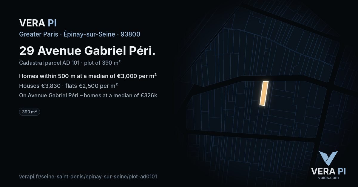 29 Avenue Gabriel Péri, Épinay-sur-Seine at night – the plot lit, the parcels around coloured by the prices near them