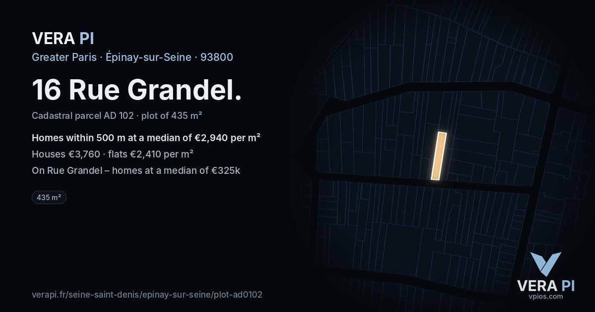 16 Rue Grandel, Épinay-sur-Seine at night – the plot lit, the parcels around coloured by the prices near them
