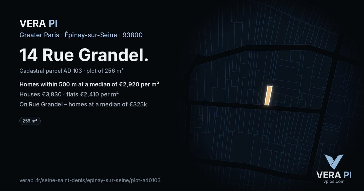 14 Rue Grandel, Épinay-sur-Seine at night – the plot lit, the parcels around coloured by the prices near them