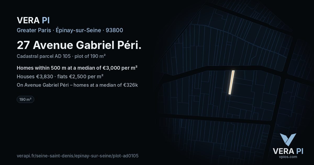 27 Avenue Gabriel Péri, Épinay-sur-Seine at night – the plot lit, the parcels around coloured by the prices near them