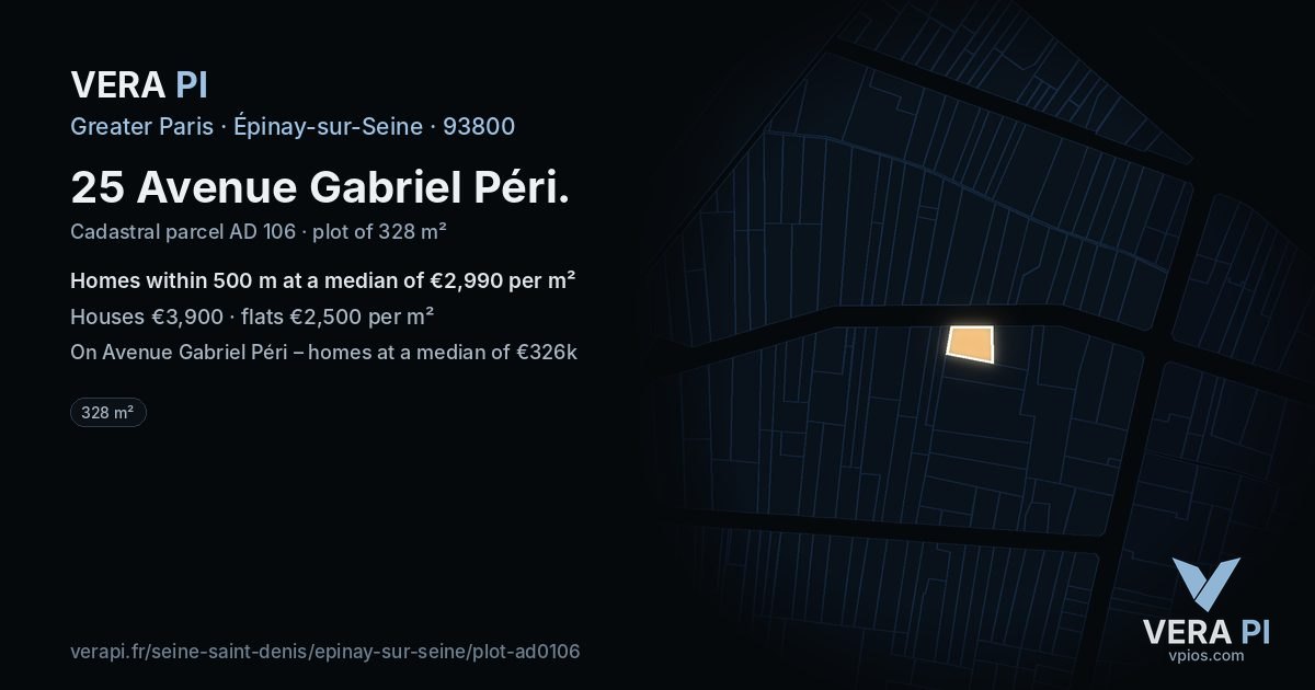 25 Avenue Gabriel Péri, Épinay-sur-Seine at night – the plot lit, the parcels around coloured by the prices near them