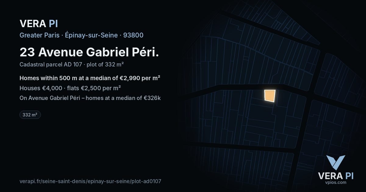 23 Avenue Gabriel Péri, Épinay-sur-Seine at night – the plot lit, the parcels around coloured by the prices near them