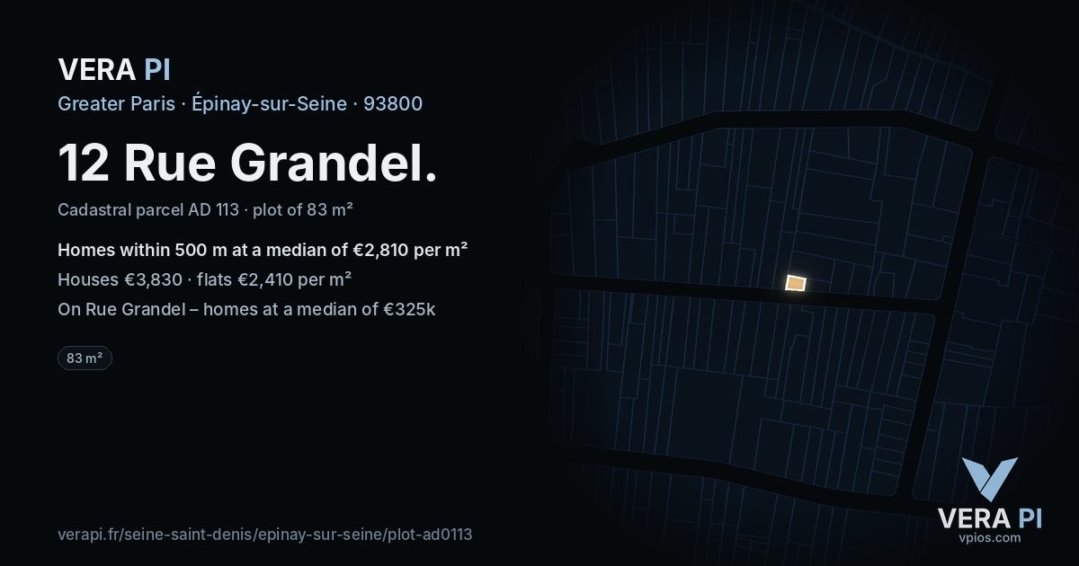 12 Rue Grandel, Épinay-sur-Seine at night – the plot lit, the parcels around coloured by the prices near them