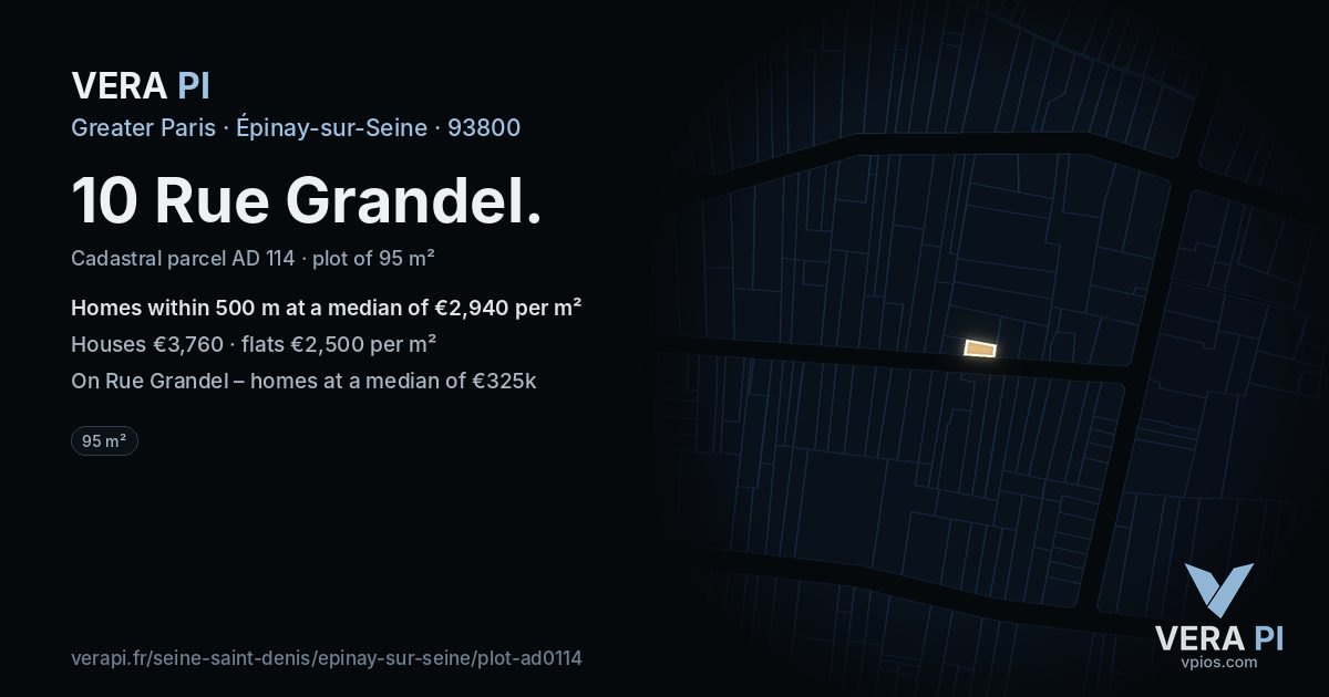 10 Rue Grandel, Épinay-sur-Seine at night – the plot lit, the parcels around coloured by the prices near them
