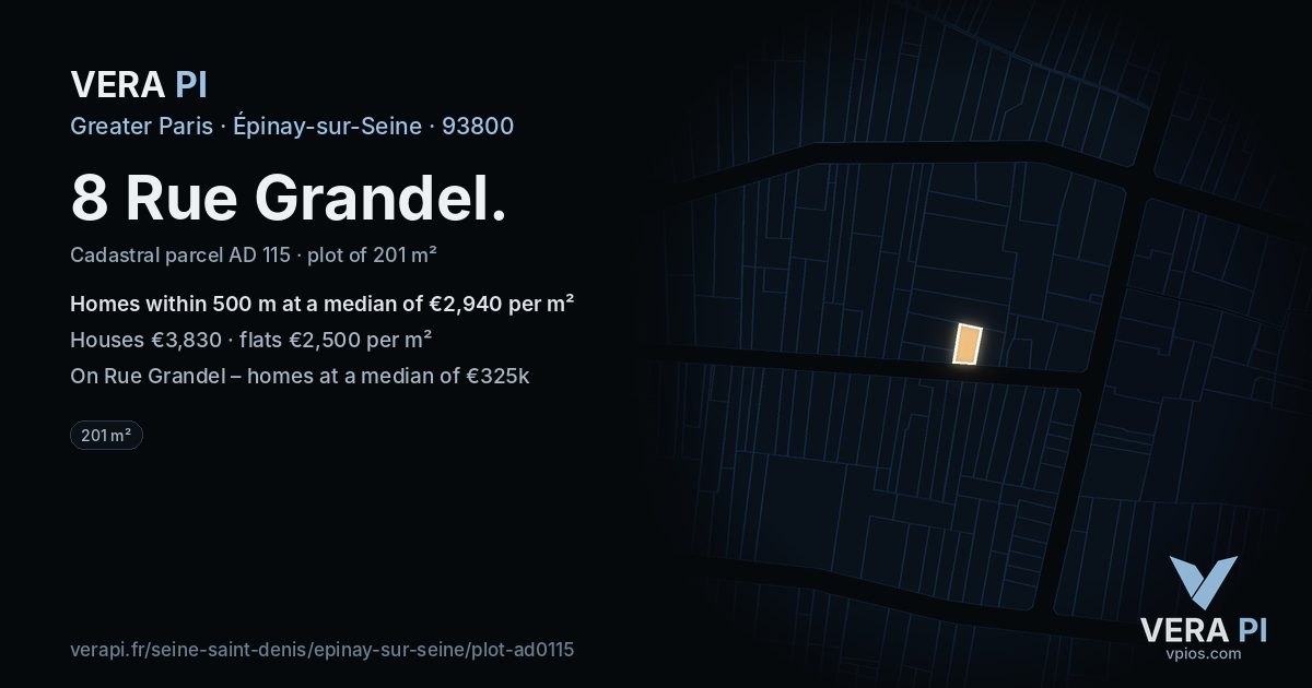 8 Rue Grandel, Épinay-sur-Seine at night – the plot lit, the parcels around coloured by the prices near them