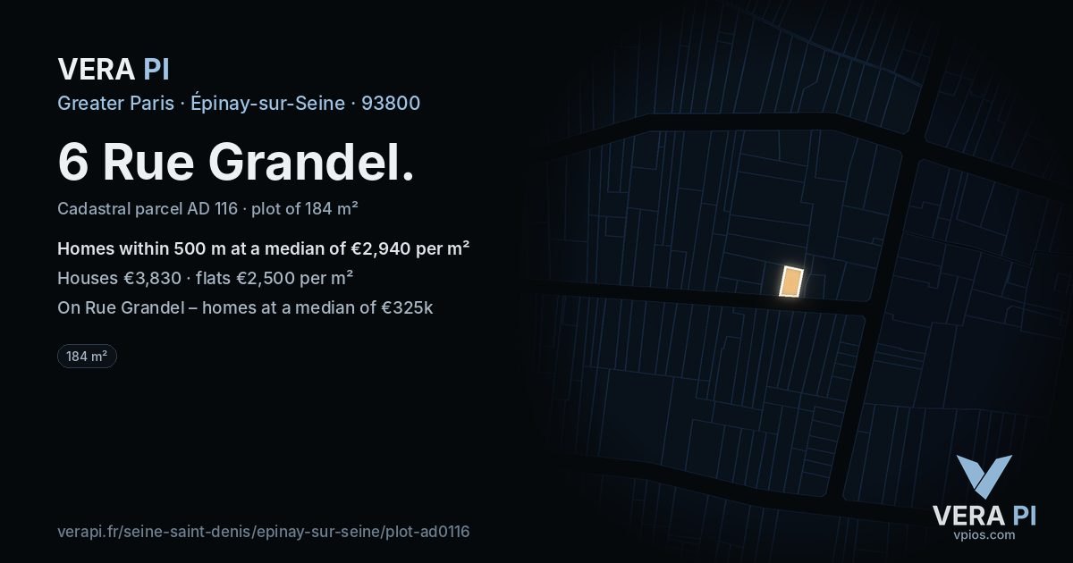 6 Rue Grandel, Épinay-sur-Seine at night – the plot lit, the parcels around coloured by the prices near them