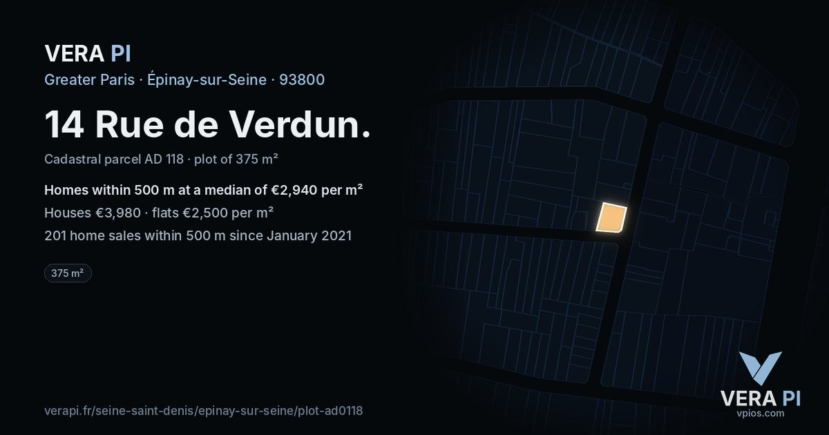 14 Rue de Verdun, Épinay-sur-Seine at night – the plot lit, the parcels around coloured by the prices near them