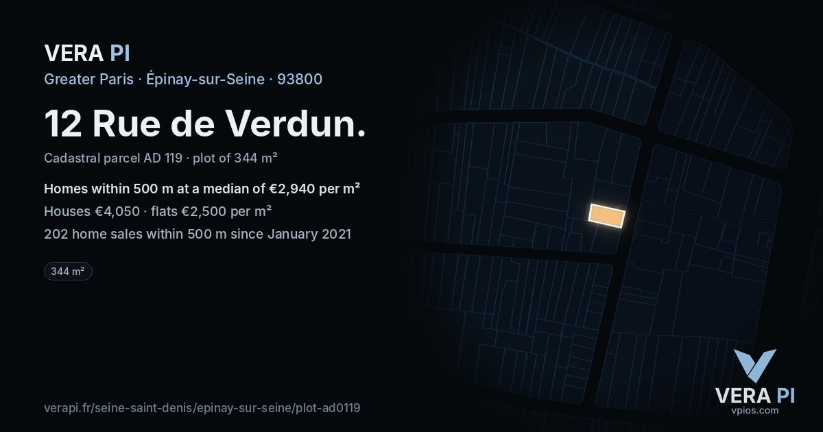 12 Rue de Verdun, Épinay-sur-Seine at night – the plot lit, the parcels around coloured by the prices near them