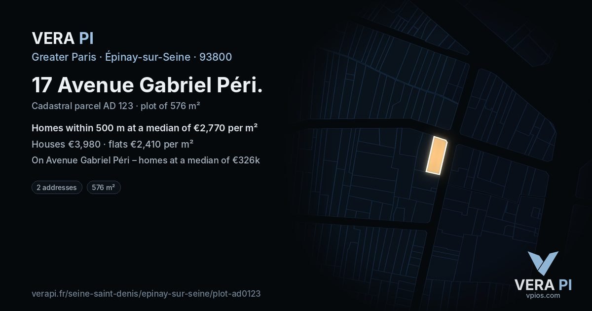17 Avenue Gabriel Péri, Épinay-sur-Seine at night – the plot lit, the parcels around coloured by the prices near them