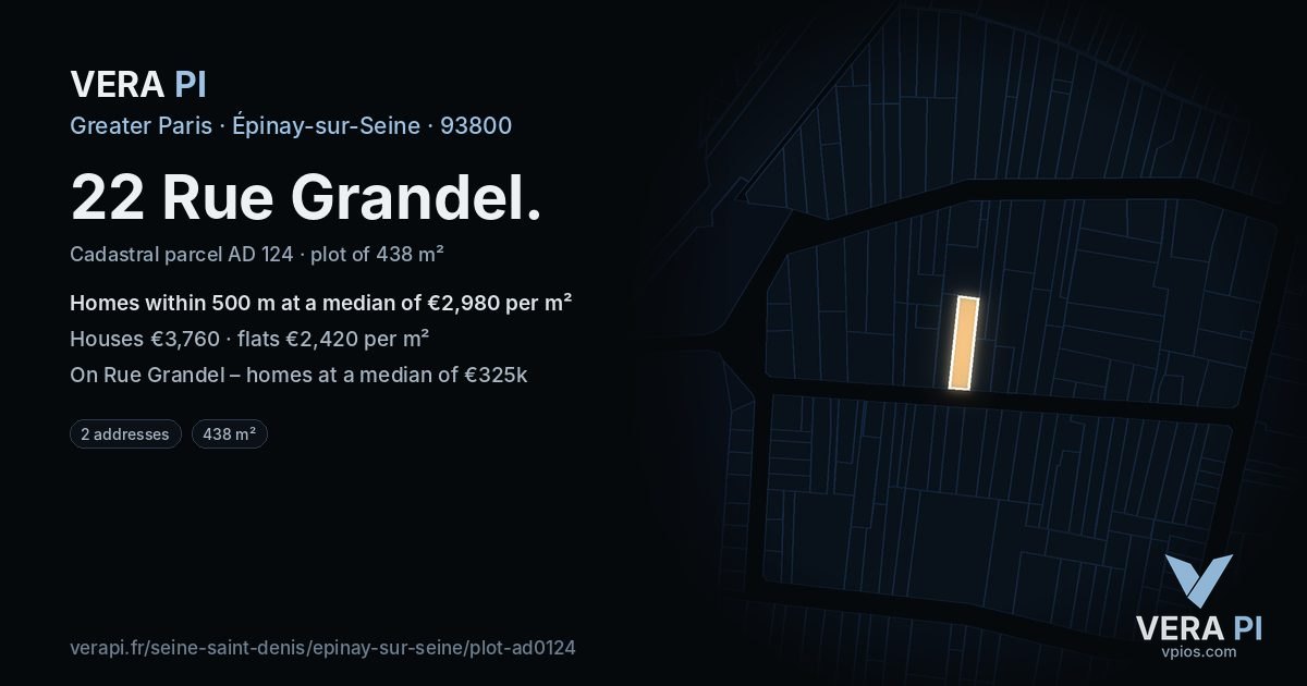 22 Rue Grandel, Épinay-sur-Seine at night – the plot lit, the parcels around coloured by the prices near them