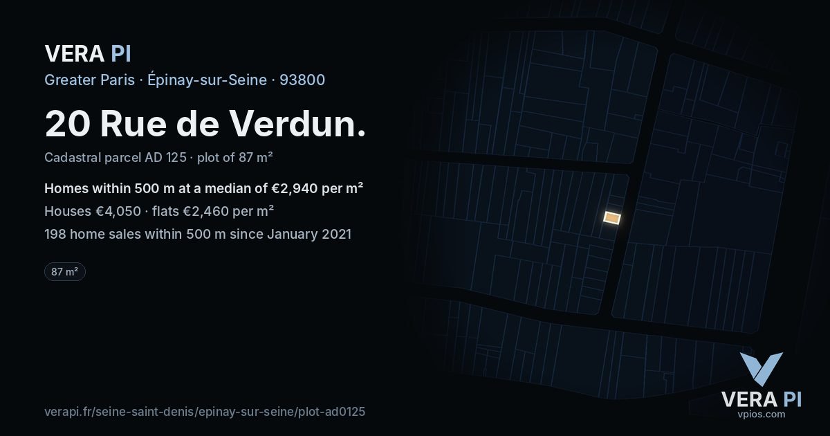 20 Rue de Verdun, Épinay-sur-Seine at night – the plot lit, the parcels around coloured by the prices near them