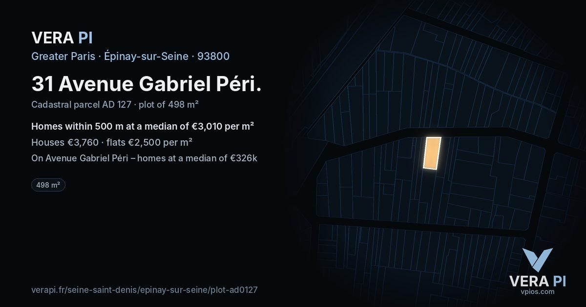 31 Avenue Gabriel Péri, Épinay-sur-Seine at night – the plot lit, the parcels around coloured by the prices near them
